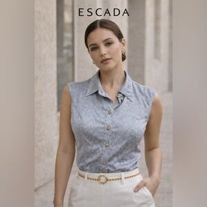 Vintage Escada Blue Silk Cheetah Sleeveless Button Down Top | Size 36